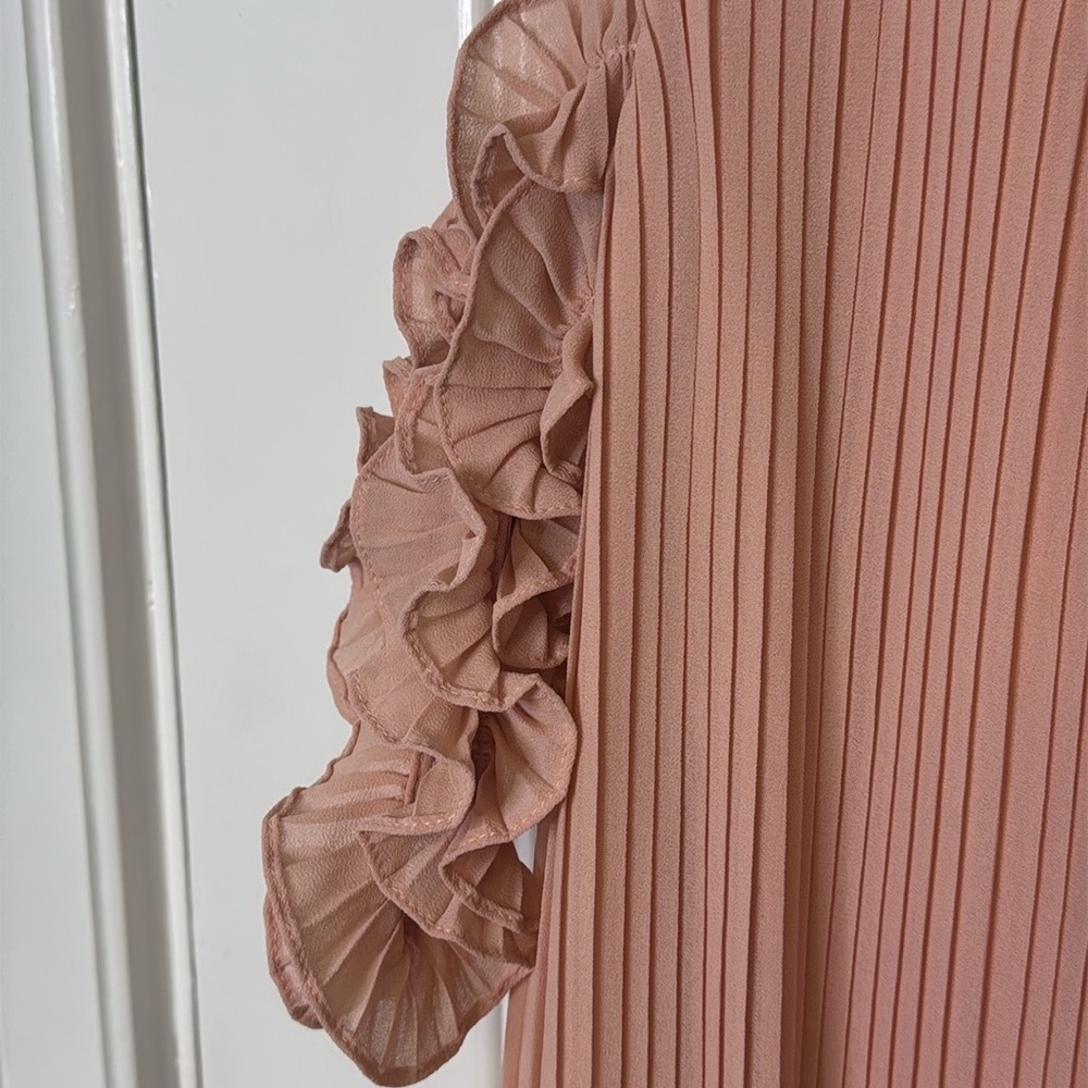 She + Sky 60% Silk Pink Ruffled Cut-Out Mini Dress PTP: 16”-18” - Picture 7 of 10
